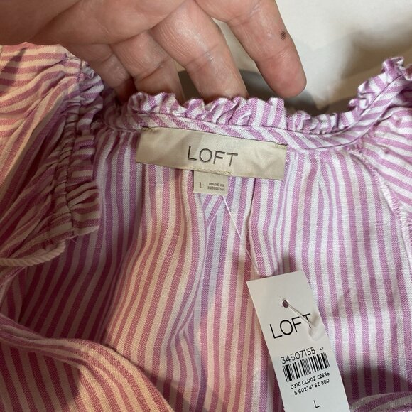 LOFT Womens Dress Striped Tie Neck Tiered Swing Linen Blend Preppy Sz L NWT - Picture 8 of 16